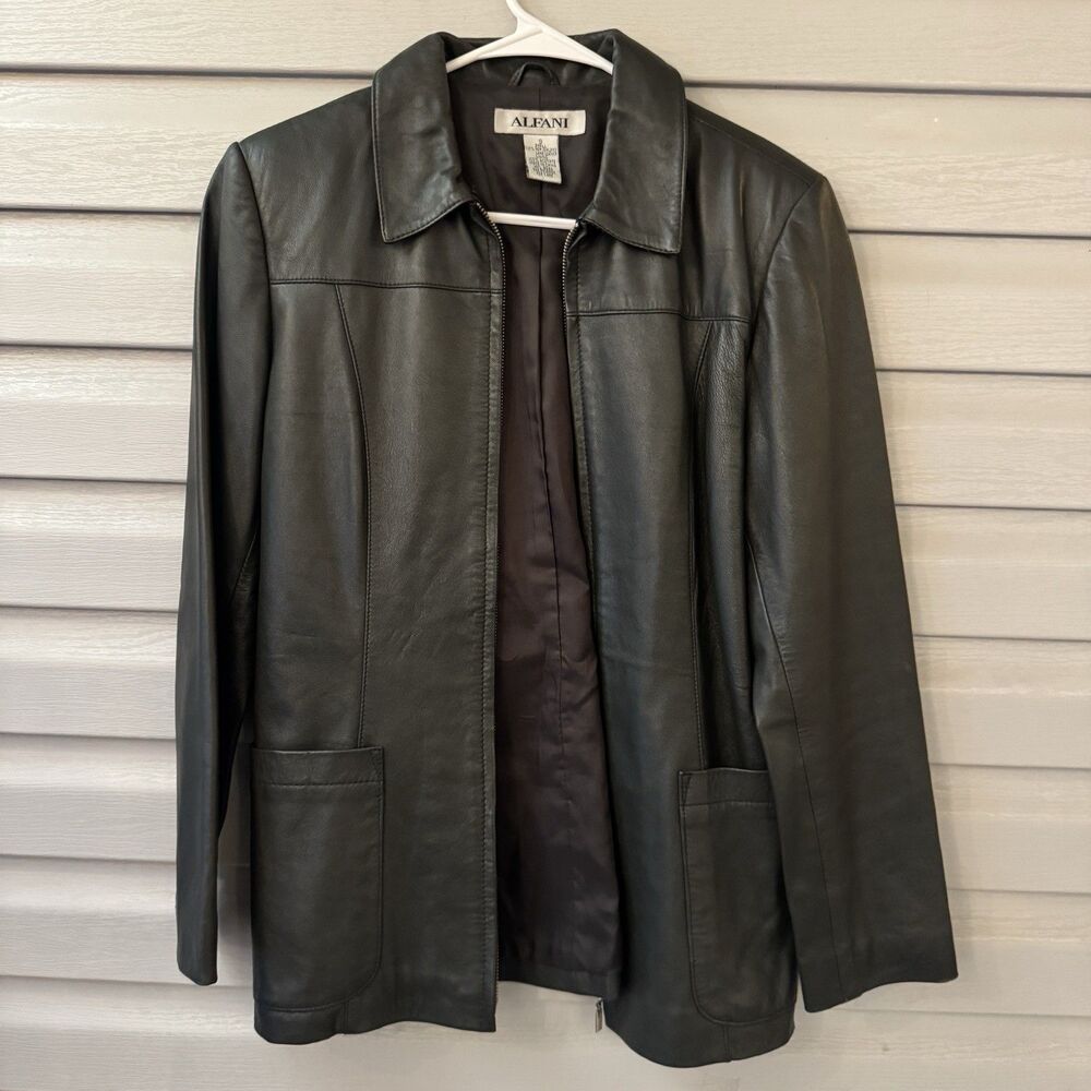 Alfani Black Lamb Leather Jacket Women’s Size 8 Zip Front Long Sleeve Coat - Picture 8 of 8